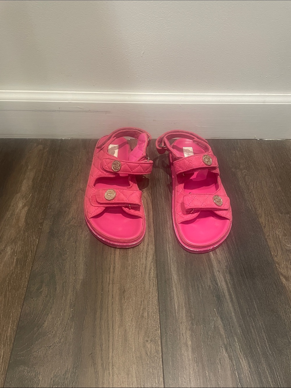 CC logo Bright Pink Quilted Dad Sandals with Logo Buttons 9.5